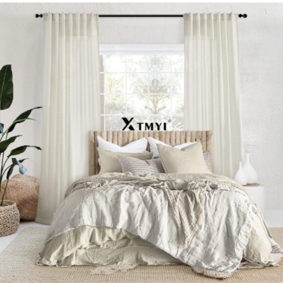 Linen Curtain Panels 50 x 108 Beige Off White Flax Weave Sheer Drapes Curtains - Picture 5 of 15